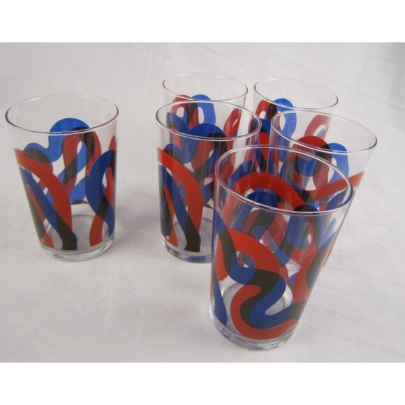 Set of 6 IKEA Framkalla Glasses Tumblers Abstract Red Blue - Made in France - Picture 1 of 8
